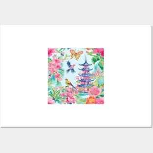 Chinoiserie birds, flowers and butterflies watercolor painting Posters and Art